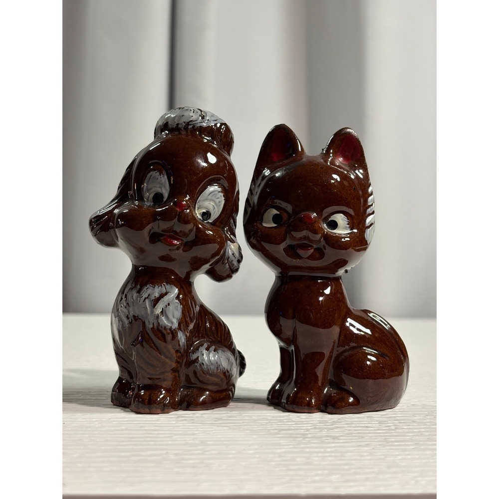 Vintage Made in Japan Ceramic Cat and Dog Figurines Brown Kitsch Set S0083